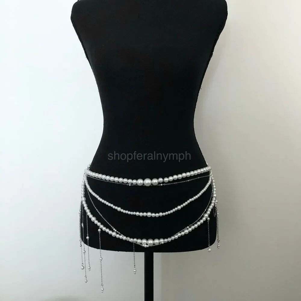 Y2K Coquette White Faux Pearl Layered Draped Chain Belt, 31.5 Inches, X7GA1139